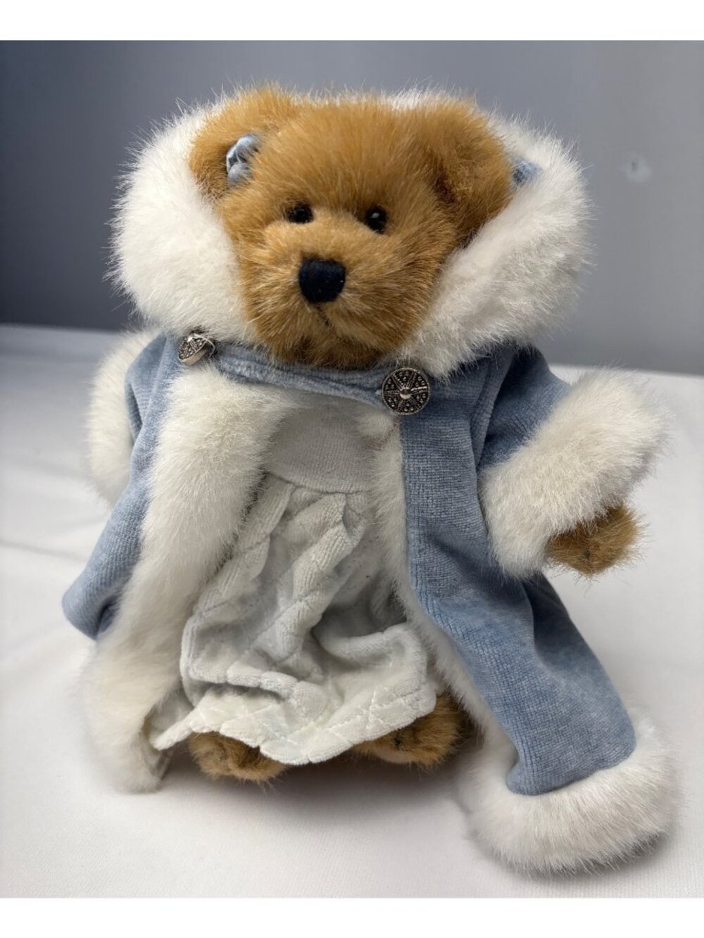 Adorable Furry Teddy Bear Blue Velour Coat Faux Fur Trim Cutie Collectible!